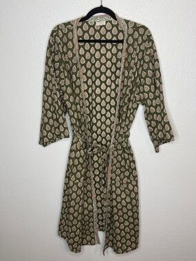 World Market Green Block Print Cotton Robe Swim Cover One Size Fits Most